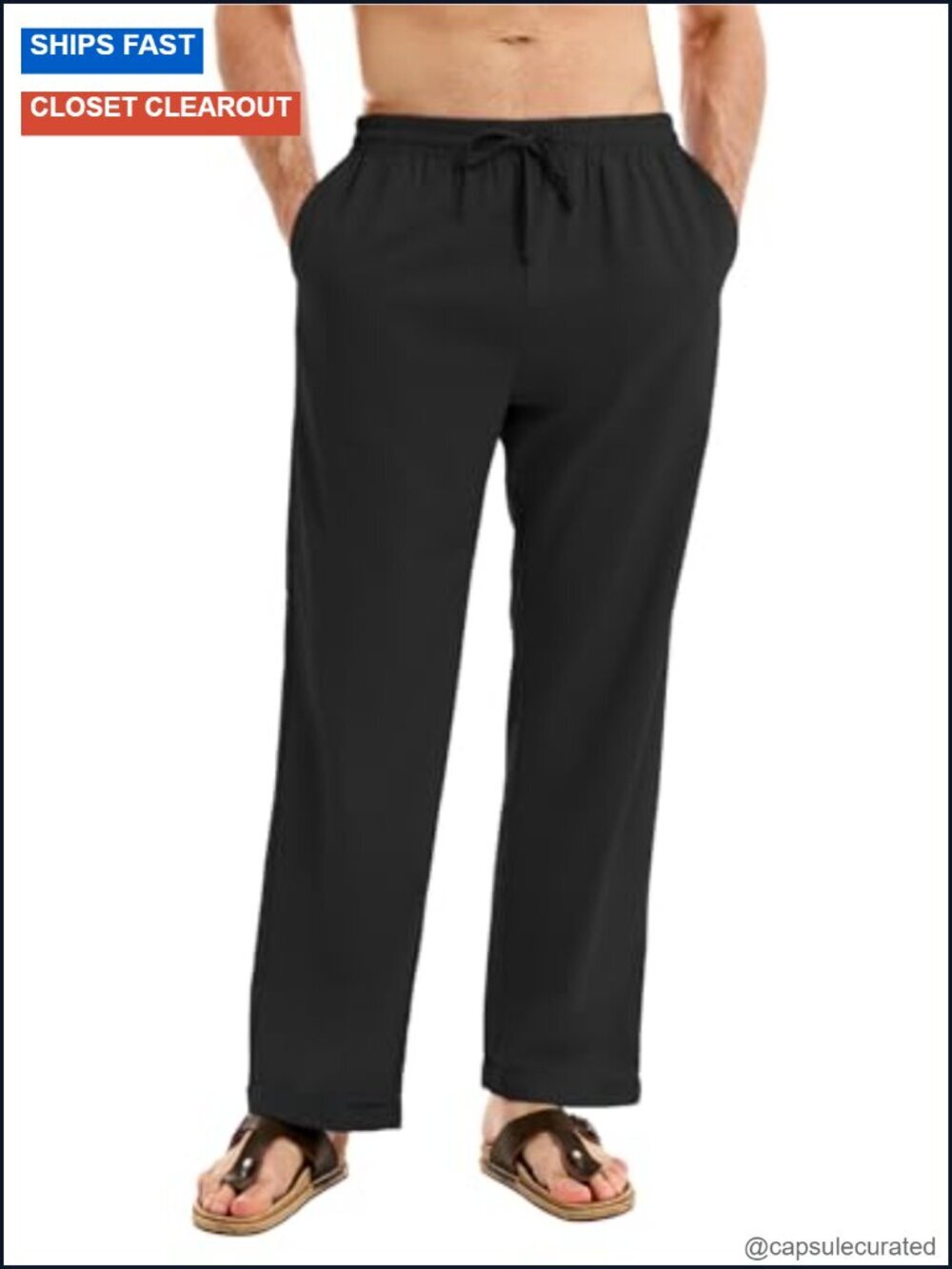 Men's Linen Pants Elastic Waist Drawstring Casual Straight Leg Trousers